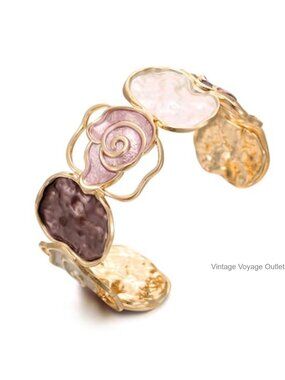 Gold Tone Enamel Rose Open Cuff Bracelet Boho Statement Bangle for Women